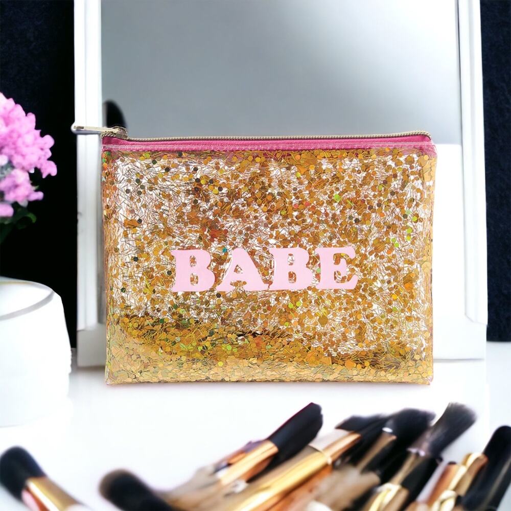 Sparkling Gold Pink Make up Makeup Cosmetic Quote Slogan BABE Glitter Bag